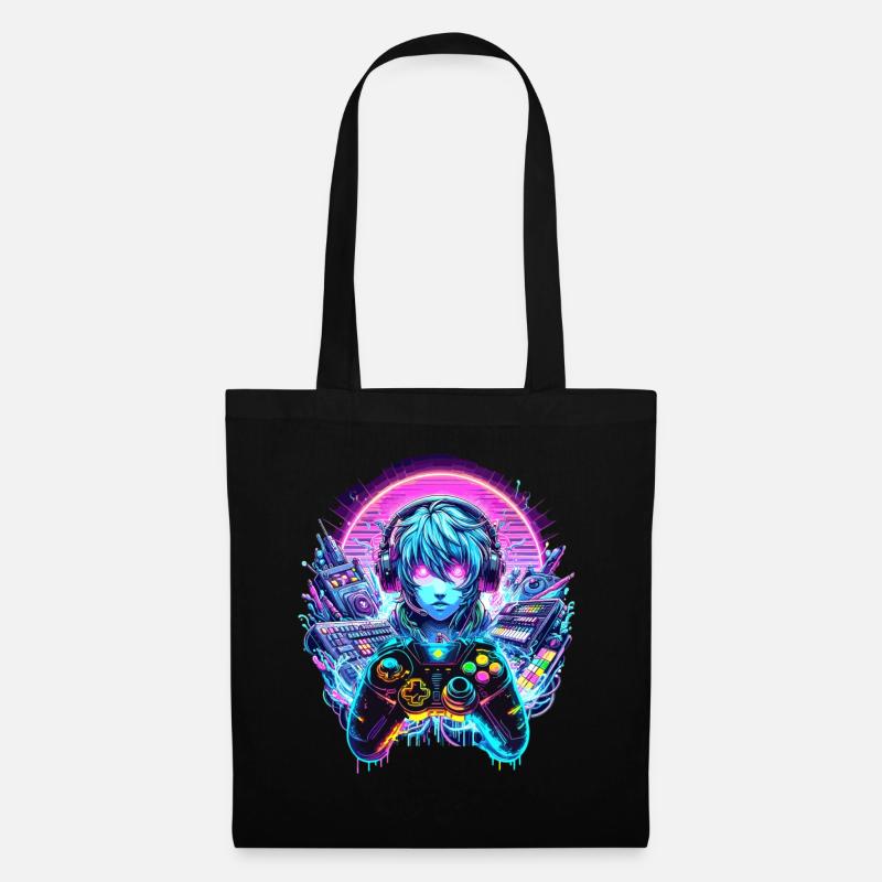 Gamer Headset Anime Synthwave Art - Stoffbeutel - Schwarz