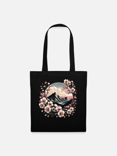 Japanische Kirschblüten-Halterung Fuji Kunst - Stoffbeutel - Schwarz