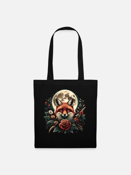 Cottagecore Fox Full Moon Floral Nature - Tote Bag - black