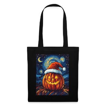 Halloween Geschenk Kürbis mit Weihnachtsmütze Deko - Stoffbeutel - Schwarz - Vorne