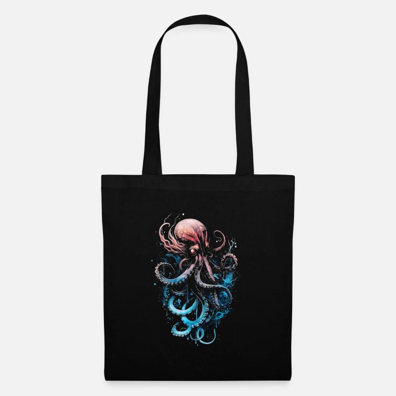 Rosa Blauer Oktopus auf schwarzem Untergrund - Stoffbeutel - Schwarz