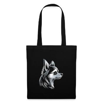 chihuahua, cheveux longs, tête de chien, dessin d’argent - Sac en tissu - noir - Devant