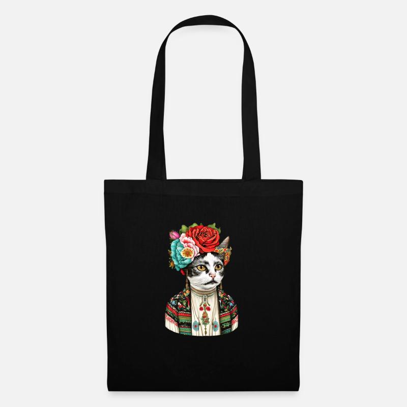 Blumige Katze - Stoffbeutel - Schwarz