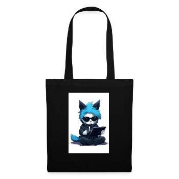 Chat gamer aux cheveux bleus, sweat-shirt et lunettes de soleil. - Sac en tissu - noir - Devant