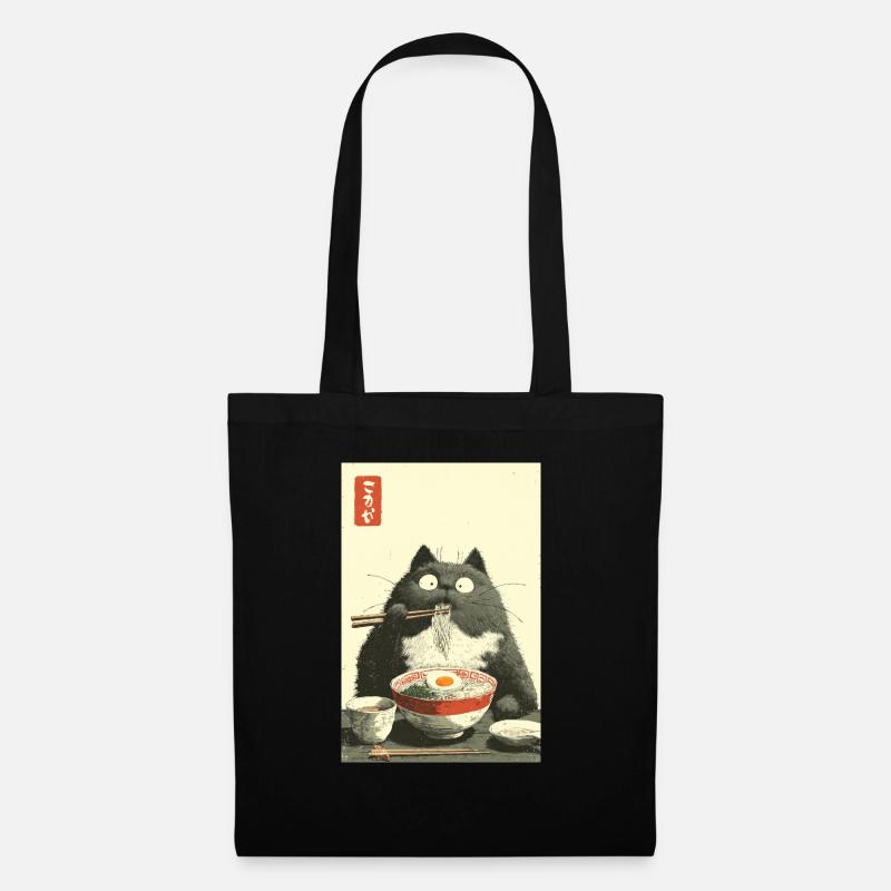 Katze mit großen Augen, die Ramen schlürft - Stoffbeutel - Schwarz
