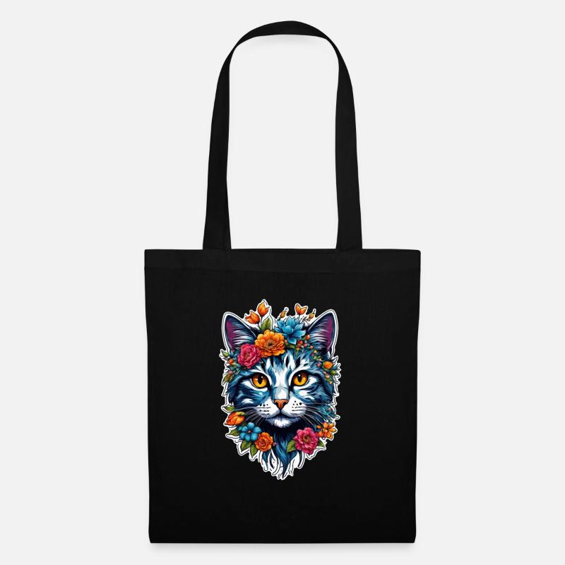 Katze und Blume Aquarell - Stoffbeutel - Schwarz