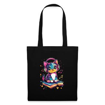 Cute cat with headphones and books - Tote Bag - black - Front