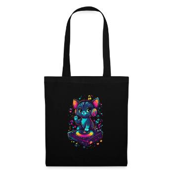 Chat mignon avec des écouteurs et un disque vinyle - Sac en tissu - noir - Devant