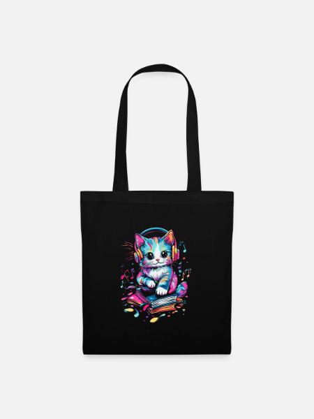 Cute cat with headphones and books - Tote Bag - black