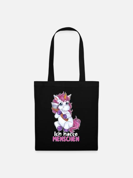 Ich hasse Menschen niedliches Einhorn mit Axt - Stoffbeutel - Schwarz
