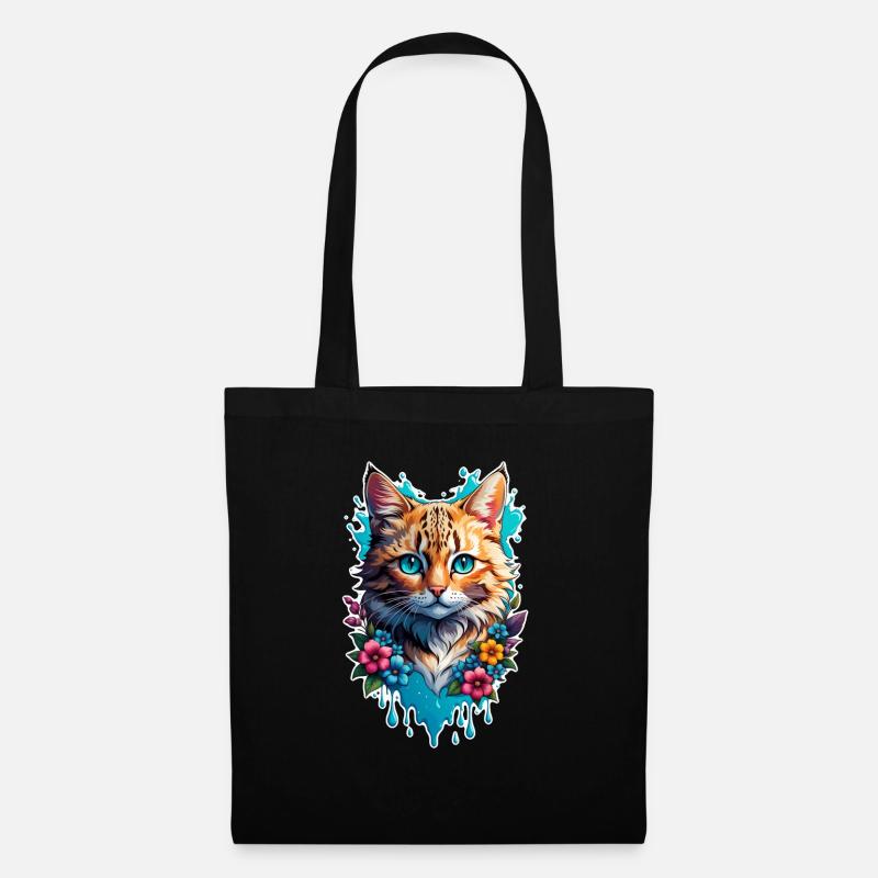 Katze und Blume Aquarell - Stoffbeutel - Schwarz