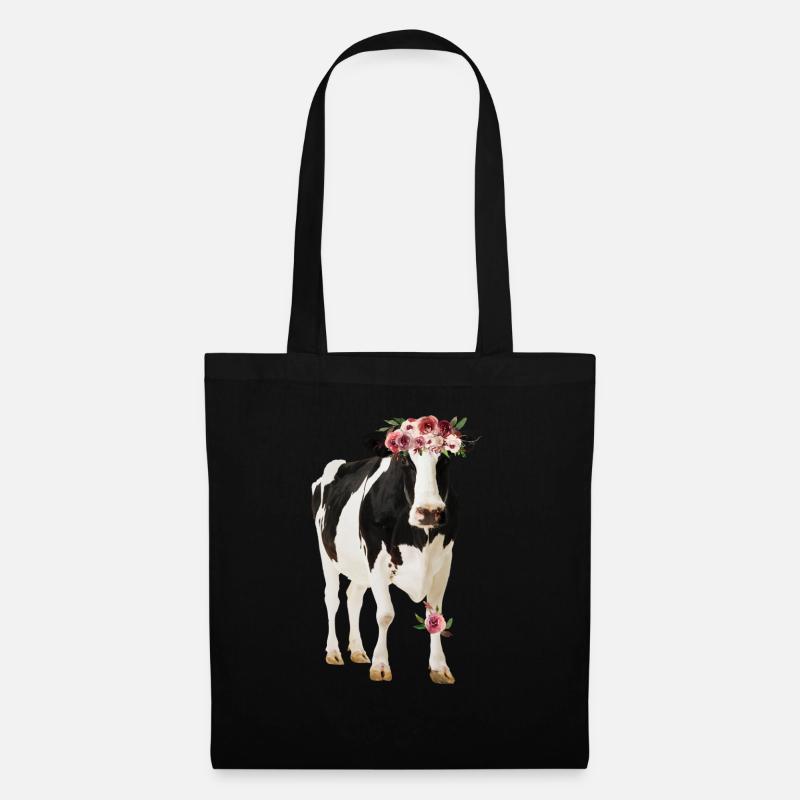 Holstein Kuh mit Blüten - Stoffbeutel - Schwarz