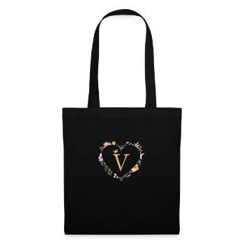 Buchstabe V, Monogramm, Herz, personalisierbar - Stoffbeutel - Schwarz - Vorne