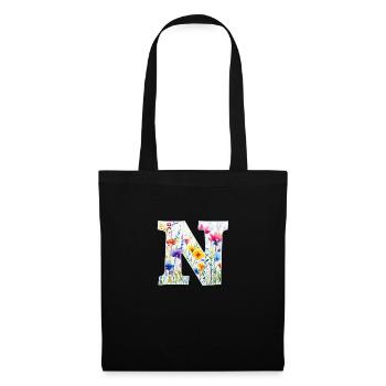 Buchstabe N, Monogramm, Blumenmuster - Stoffbeutel - Schwarz - Vorne