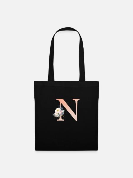 N Monogramm , Floral, Boho - Stoffbeutel - Schwarz