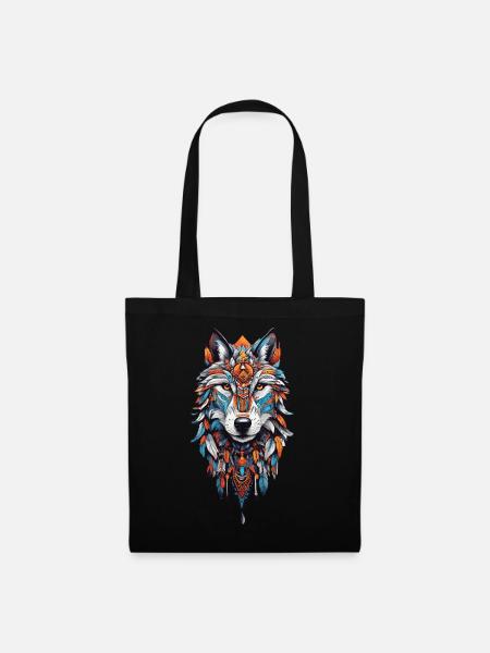 Wolf Spirit Mandala & Federschmuck Bohemien Design - Stoffbeutel - Schwarz