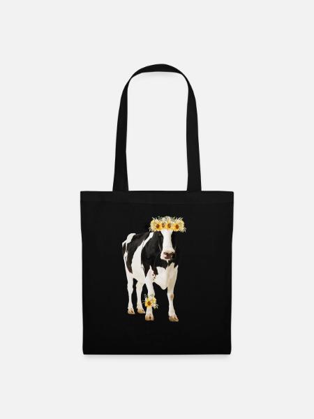 Holstein Kuh mit Blüten - Stoffbeutel - Schwarz