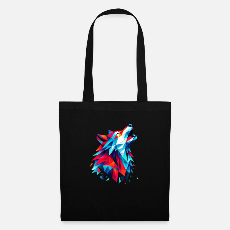 Geometric Wolf: Bunter Origami-Kunstdruck - Stoffbeutel - Schwarz