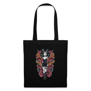 Gothic Tattooed Frau mit Kunstwerk und Rosen - Stoffbeutel - Schwarz - Vorne