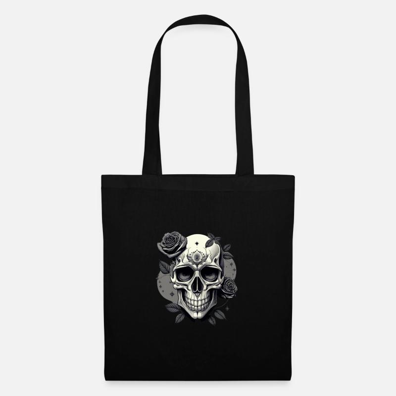 Schädel Gothic-Design schwarz-weiß mit Rosen HD - Stoffbeutel - Schwarz