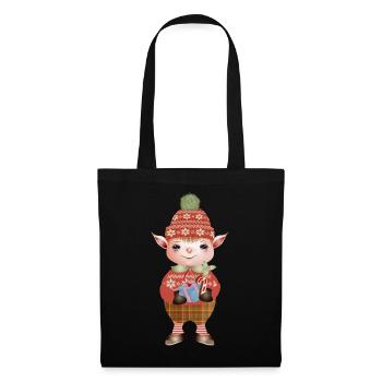 Adorable lutin de Noël mignon avec cadeau - Sac en tissu - noir - Devant