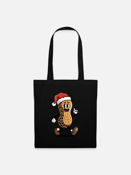 Festliche Erdnuss mit Weihnachtsmannmütze - Stoffbeutel - Schwarz