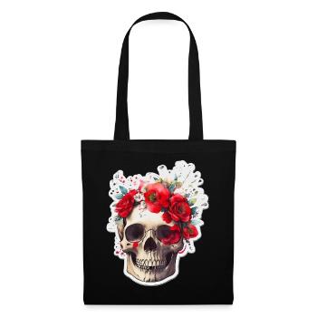 Totenkopf mit roten Blumen - Stoffbeutel - Schwarz - Vorne