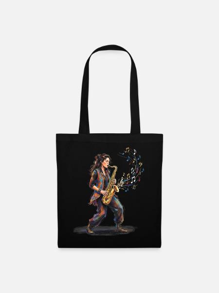 Weibliche Saxophonistin spielt Saxophon-Kunstdruck - Stoffbeutel - Schwarz