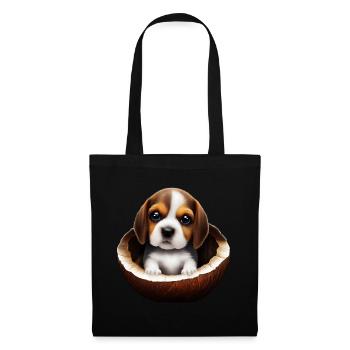 Beagle Hund in einer Kokosnussschale - Stoffbeutel - Schwarz - Vorne
