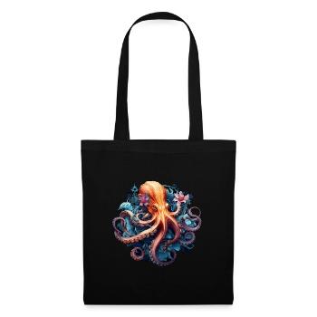 Wunderschöner Oktopus mit Blumen Boho Style - Stoffbeutel - Schwarz - Vorne