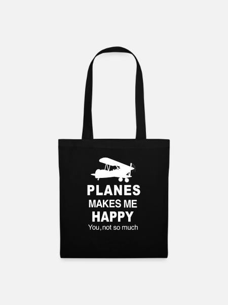 Planes Makes Me Happy Funny Gift Ideas Spotter - Stoffen tas - zwart