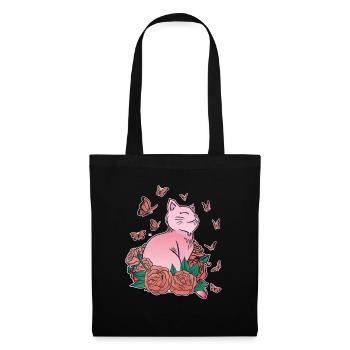 Chat, fleurs, papillons, amoureux des chats - Sac en tissu - noir - Devant