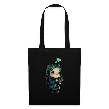 Mignon Anime Chibi Fille avec des cœurs - Sac en tissu - noir - Devant