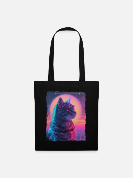Funny Cute Retro Cat Animal 80s Neon Sun Fat Cat - Tote Bag - black