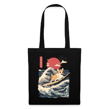 Corgi chien Hund Animal Japonais Surf Plage Vague - Sac en tissu - noir - Devant
