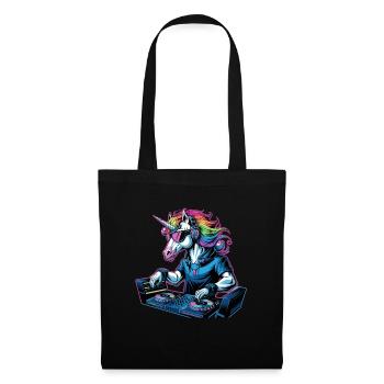 Licorne DJ avec crinière arc-en-ciel et platines - Sac en tissu - noir - Devant