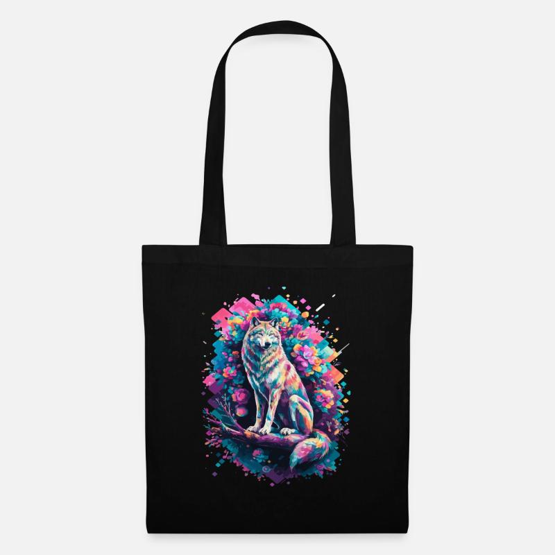 Farbiger Wolf Mit Blumen Und Geometrischen Formen - Stoffbeutel - Schwarz