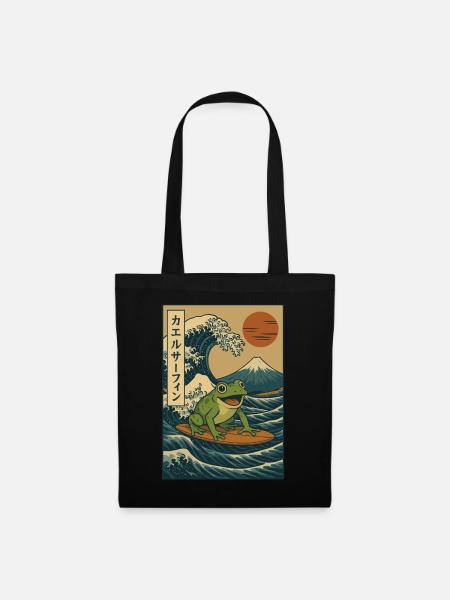 Surfender Frosch, Japanische Welle, Kunst, Berg Fuji, Rote Sonne - Stoffbeutel - Schwarz