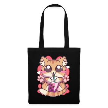Chaton buvant du thé Boba Kawaii Anime - Sac en tissu - noir - Devant