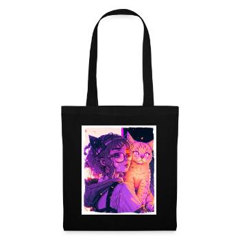 Anime Girl Cat Kitten Manga Ink Flower Neon - Tote Bag - black - Front