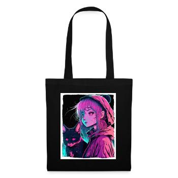 Anime Girl Cat Kitten Manga Ink Flower Neon - Tote Bag - black - Front