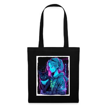 Anime Girl Cat Kitten Manga Ink Flower Neon - Tote Bag - black - Front