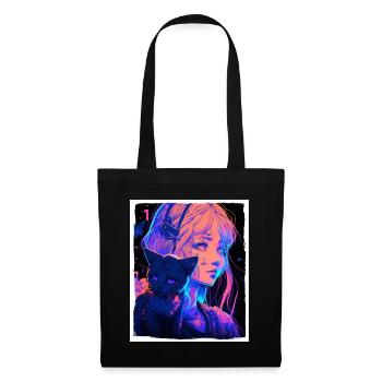 Anime Girl Cat Kitten Manga Ink Flower Neon - Tote Bag - black - Front