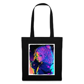 Anime Girl Cat Kitten Manga Ink Flower Neon - Tote Bag - black - Front
