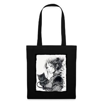 Anime Girl Cat Kitten Manga Ink Flower Neon - Tote Bag - black - Front