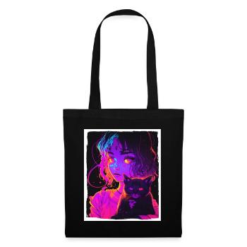 Anime Girl Cat Kitten Manga Ink Flower Neon - Tote Bag - black - Front