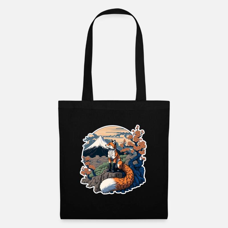 Fuchs Japan Kirschblüte Blume Japanisch Retro - Stoffbeutel - Schwarz