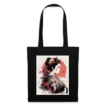 Japan Cherry Blossom Cat Geisha japonais abstrait - Sac en tissu - noir - Devant