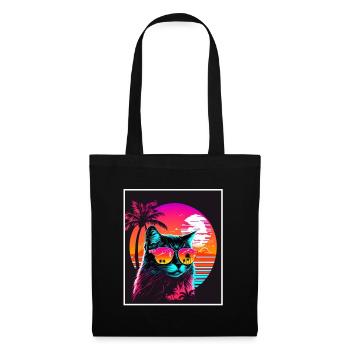 Vaporwave Retro Katze Cat Tiermotiv Strand Neon - Stoffbeutel - Schwarz - Vorne