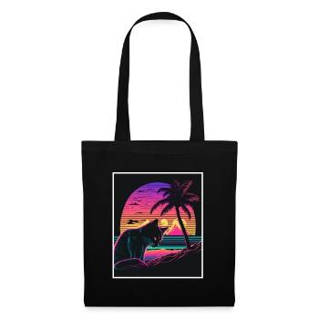 Vaporwave Retro Katze Cat Tiermotiv Strand Neon - Stoffbeutel - Schwarz - Vorne
